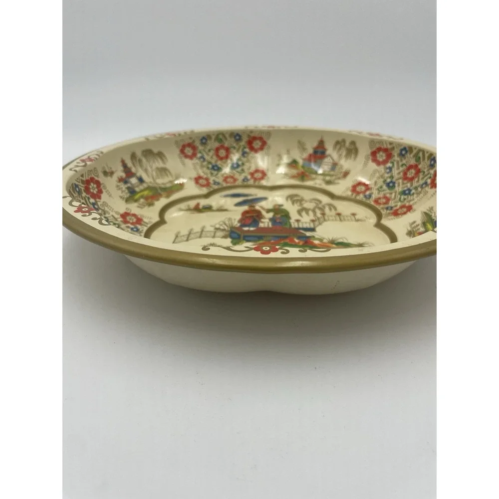 Vintage 1971 Daher Asian Ladies Decorated Metal Ware Floral Serving Bowl England